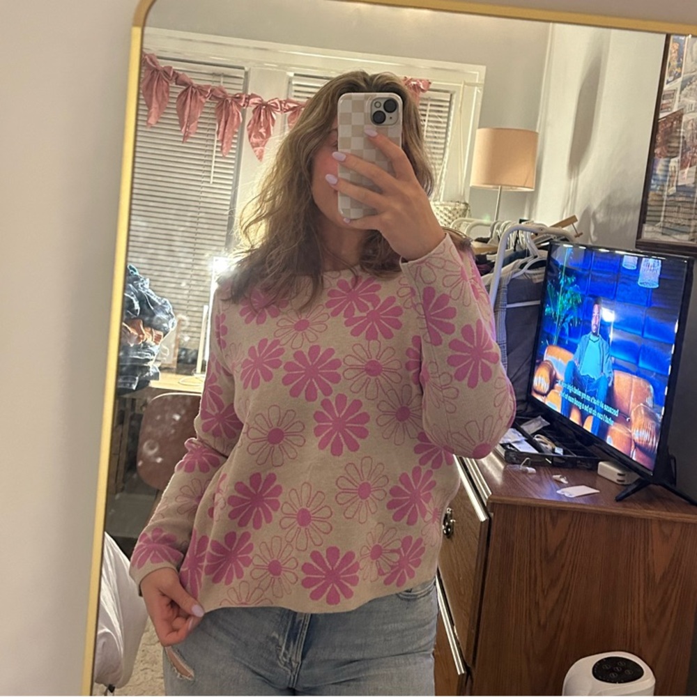 Pink and Cream Floral Crew Neck Sweater